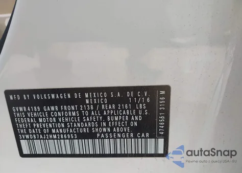 2017 Volkswagen Jetta 1.4T Se из США, поврежденный, VIN 3VWDB7AJ2HM286953